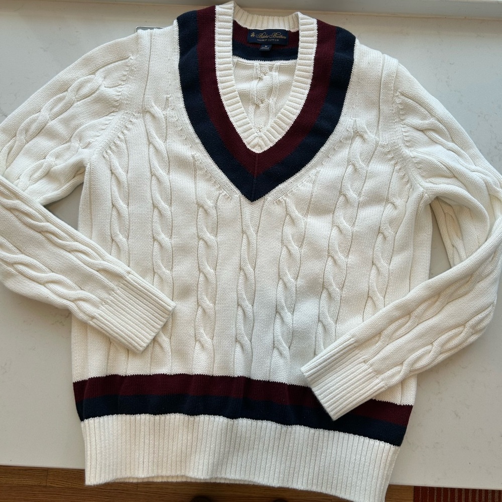 Brooks Brothers Cream Cable-Knit V-Neck Sweater with Navy and Burgundy Trim